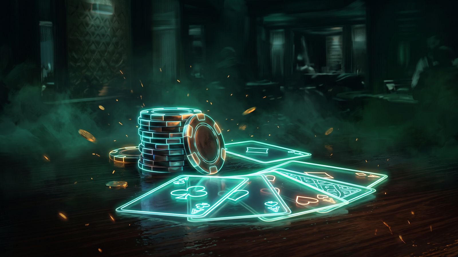 Neon-outlined casino chips and playing cards