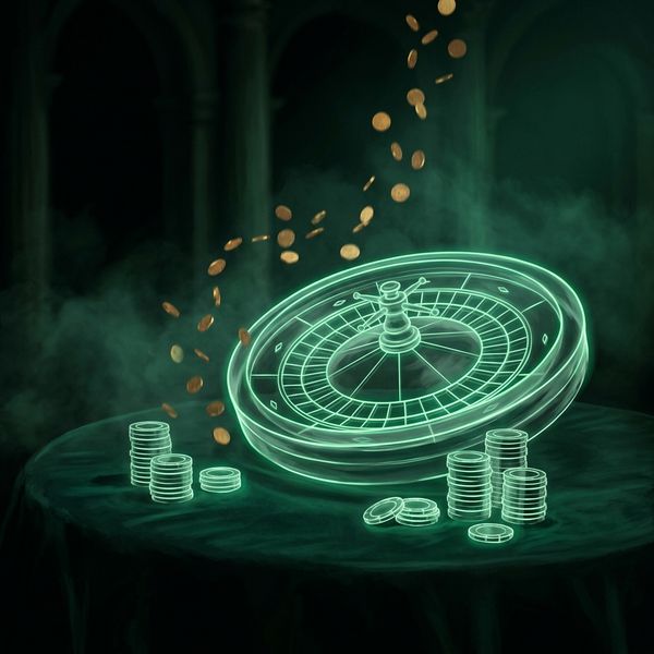 Neon-outlined roulette wheel with poker chip stacks