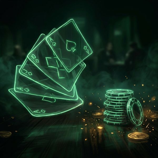 Neon-outlined playing cards fanning across dark surface