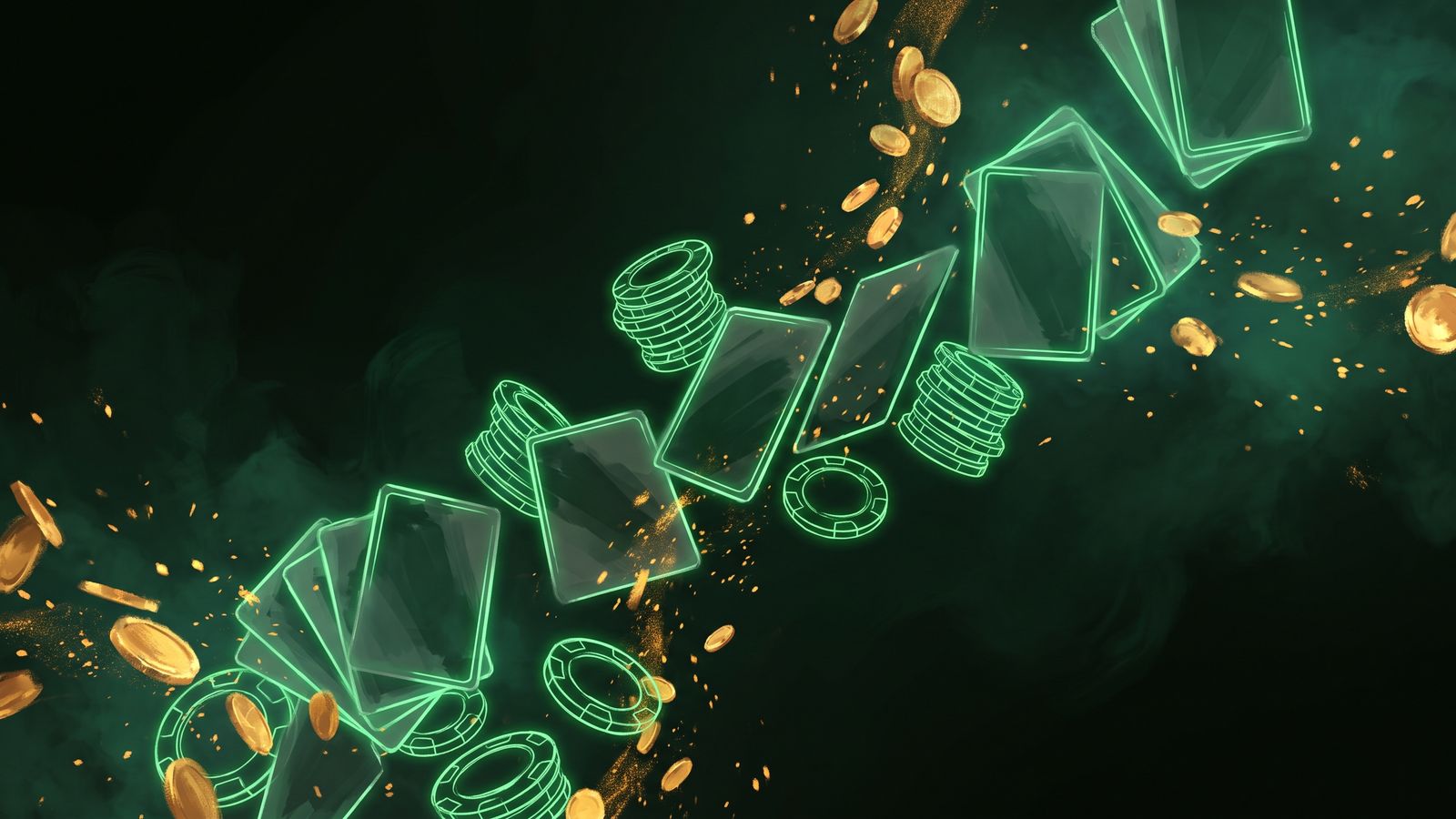 Glowing casino cards and chips cascading through darkness