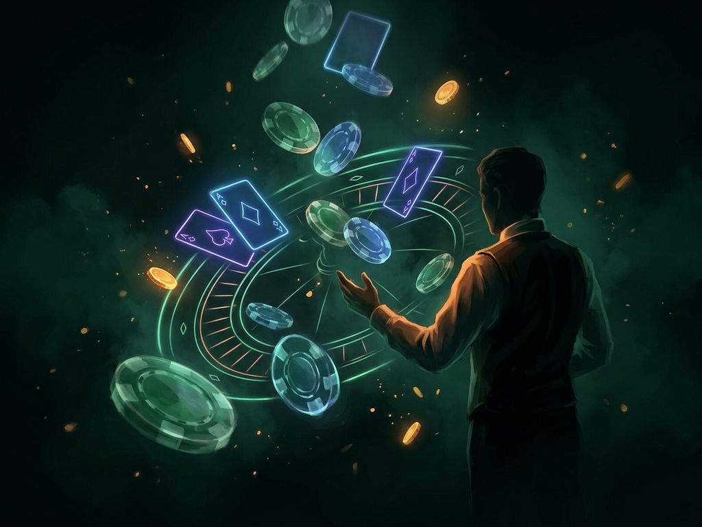 Cascading casino chips with neon glow in dark atmosphere