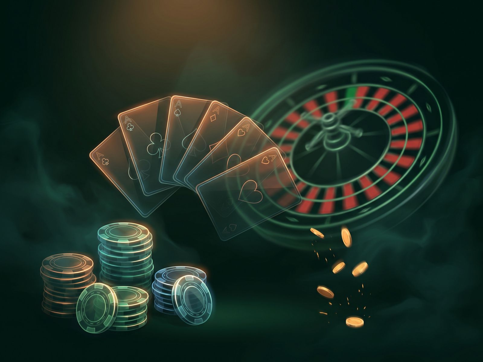 Fanned playing cards glowing with emerald neon outlines