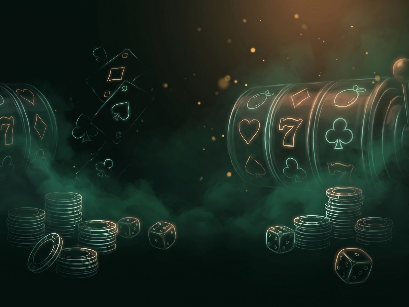 Neon-outlined slot reels and chips in emerald haze