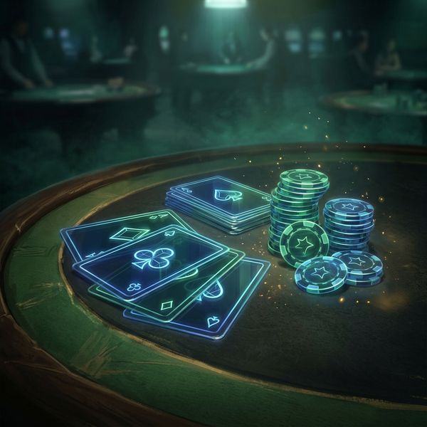 Translucent playing cards scattered across dark surface