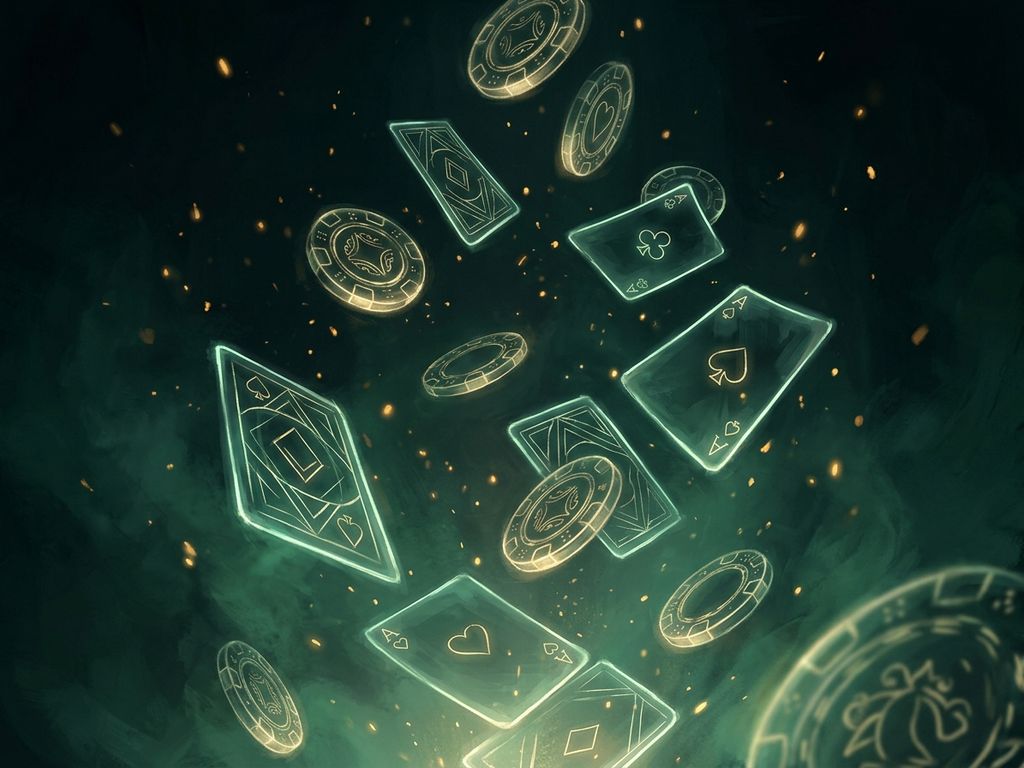 Cascade of casino chips suspended in emerald haze