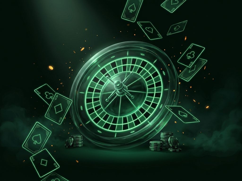 Translucent playing cards and roulette wheel with neon green outlines drifting through emerald haze