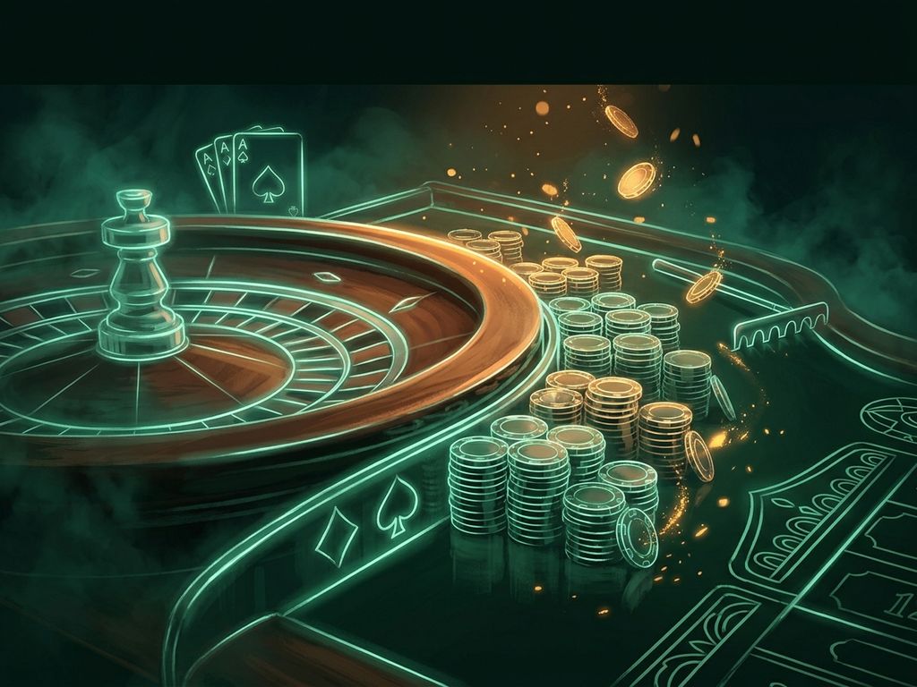 Roulette wheel glowing with emerald neon against darkness