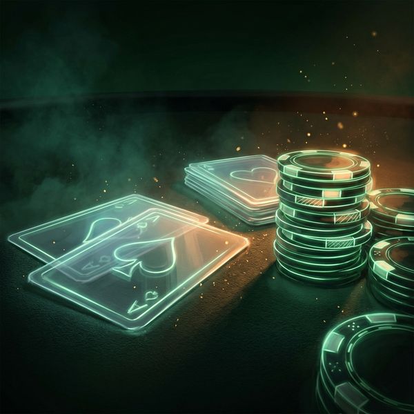 Translucent playing cards floating in emerald atmospheric haze